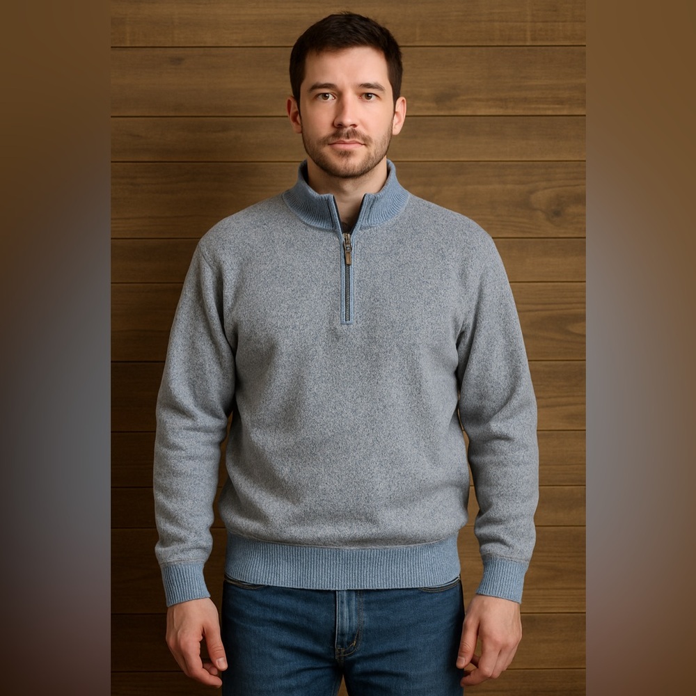 Tutleson Men's Heather Blue/Gray‎ Quarter Zip Sweater With Blue Trim Size Large